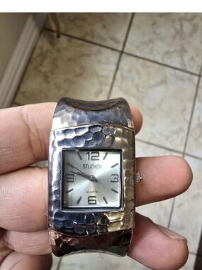 Studio Hammered Silver-Tone Cuff Watch with Sunray Dial